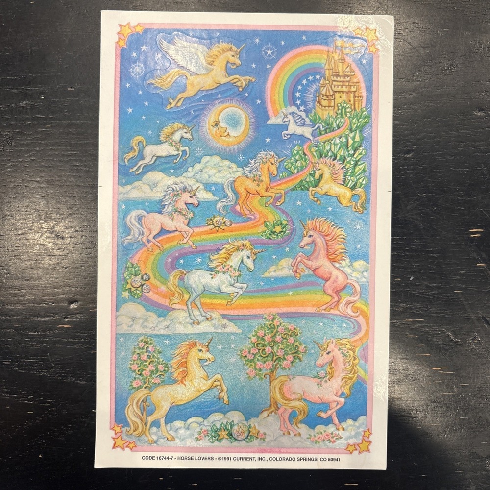Vintage 1991 Rainbow Pastel Unicorn Stickers Current Horse Lovers Sticker Sheet